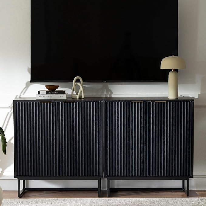 Fluted Storage Cabinets Set of 3, Sideboard Buffet Cabinet Modern Accent Cabinet with Adjustable Shelves, Credenza, Console Table Entryway Cabinets for Living Room, Black