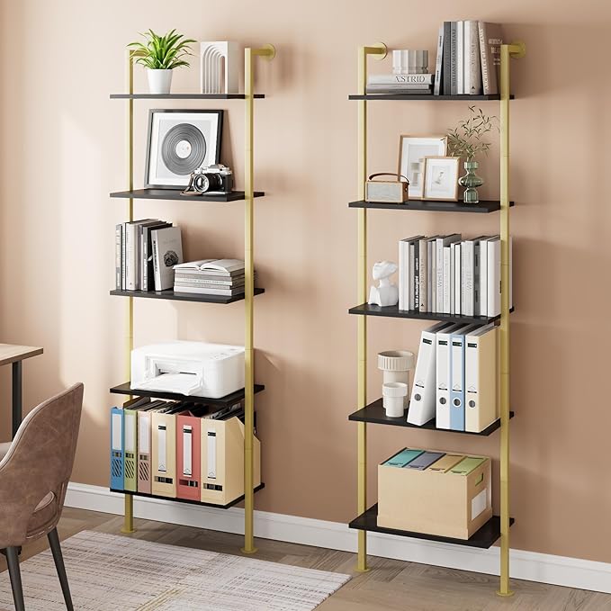 Acovy 5-Tier Bookshelf Solid Wood Ladder Shelf, Narrow Book Shelf Display Shelf, Wooden Bookcase, Wall Mount Ladder Shelf, Storage Rack for Living Room, Bedroom, Industrial Style, Black&Gold