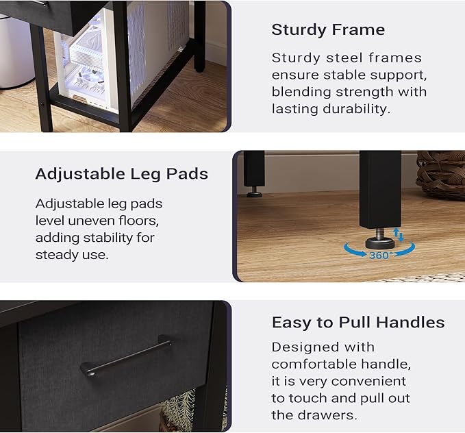 Furnify Black Computer Desk with Drawers, 42 Inch Home Office Desk Study Writing Table, Gaming Desk with USB Power Outlets, Office Desk with Fabric Drawer, Work Table with Shelf for Bedroom, Black