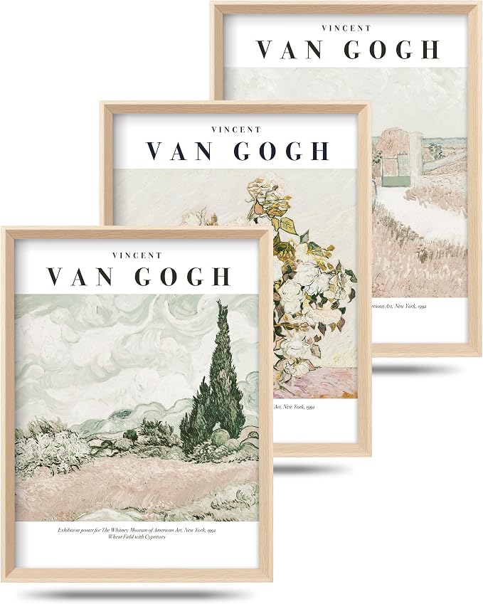HesenDot Van Gogh High Framed Wall Art Set of 3, 12x16in Neutral Floral Canvas Prints, Abstract Landscape Artwork for Living Room Bedroom Gallery Office Home Décor