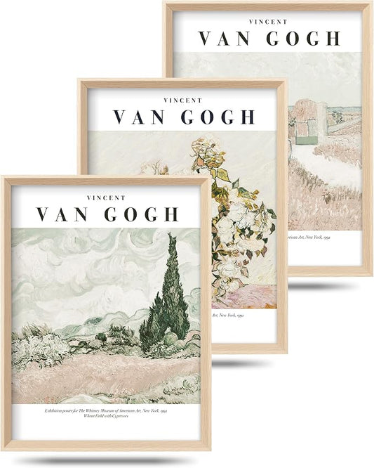HesenDot Van Gogh High Framed Wall Art Set of 3, 12x16in Neutral Floral Canvas Prints, Abstract Landscape Artwork for Living Room Bedroom Gallery Office Home Décor