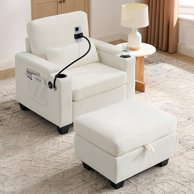 Oversized Chaise Lounge Chair Indoor, Single Convertible Recliner Reading Arm Sofa Chair W/Adjustable Backrest & Charging Port Couch Bed for Living Room, Home Theater & Bedroom, Beige