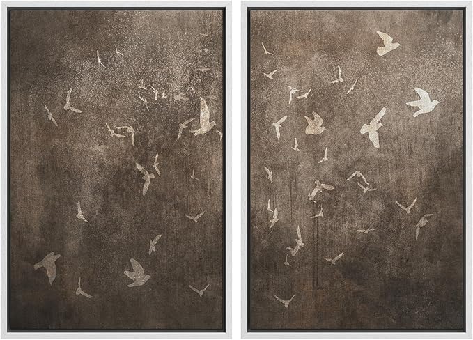 IDEA4WALL Framed Canvas Print Wall Art Set Flying Birds Silhouette Rustic Neutral Tone Abstract Illustrations Modern Art Decorative Calm/Zen for Living Room, Bedroom, Office - 24"x36"x2 White