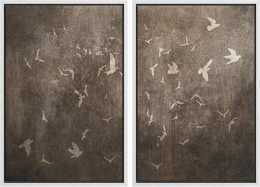 IDEA4WALL Framed Canvas Print Wall Art Set Flying Birds Silhouette Rustic Neutral Tone Abstract Illustrations Modern Art Decorative Calm/Zen for Living Room, Bedroom, Office - 24"x36"x2 White