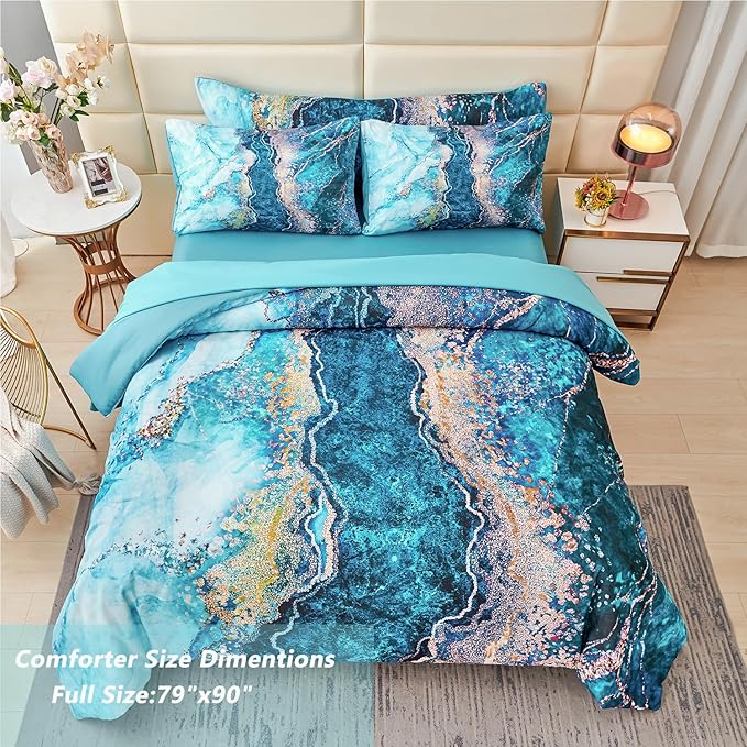PERFEMET 6 Piece Teal Marble Comforter Set Full Watercolor Tie Dye Printing Bedding with Sheets Abstract Artwork Gold Bed in A Bag Complete Set(Teal, Full)