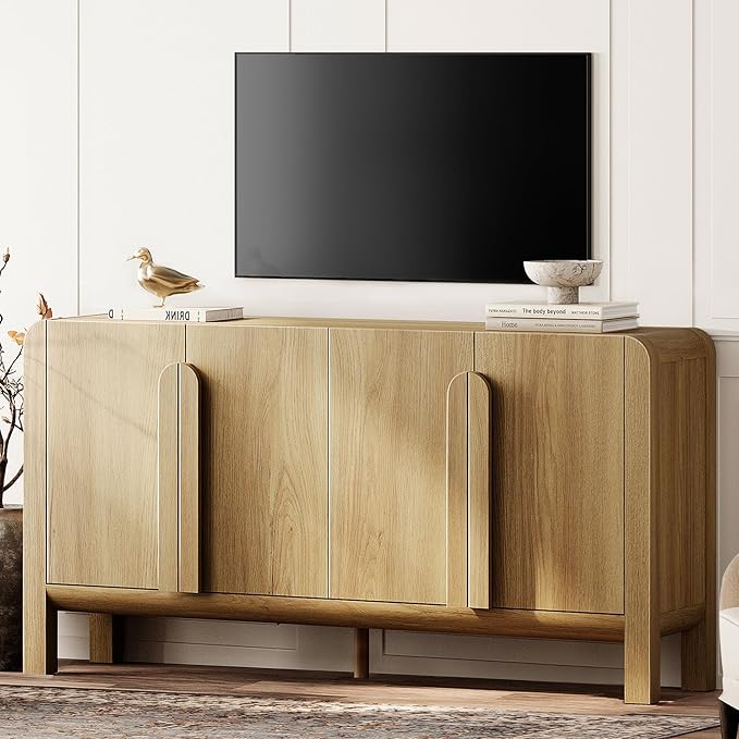 WAMPAT 63" W Large Buffet Sideboard Cabinet with Storages, Modern Buffet Table Coffee Bar Wine Bar Storage Curved Cabinet with 4 Doors for Dining Room, Living Room, Kitchen, Light Walnut