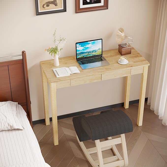 Solid Wooden Desk with Drawers - 39 x 16 Inch Rubberwood Narrow Desks, Simple Modern Study Table, Small Writing Desk for Bedroom|Small Spaces - Natural Boho Desks