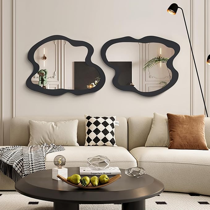 Irregular Wall Mirror - 28" x 36" Asymmetrical Wavy Mirror, Modern Decorative Wall Mirror with Black Wood Frame for Bedroom, Living Room, Entryway, Bathroom, Cloakroom