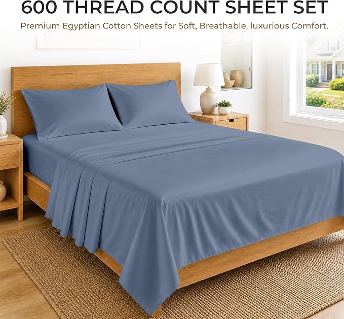 SGI bedding 100% Egyptian Cotton Sheets Queen Size – 600 Thread Count Sheets Set, Soft, Cooling, 15" Deep Pocket, Luxury Hotel Bedding, Breathable, Durable - Mediterranean Blue