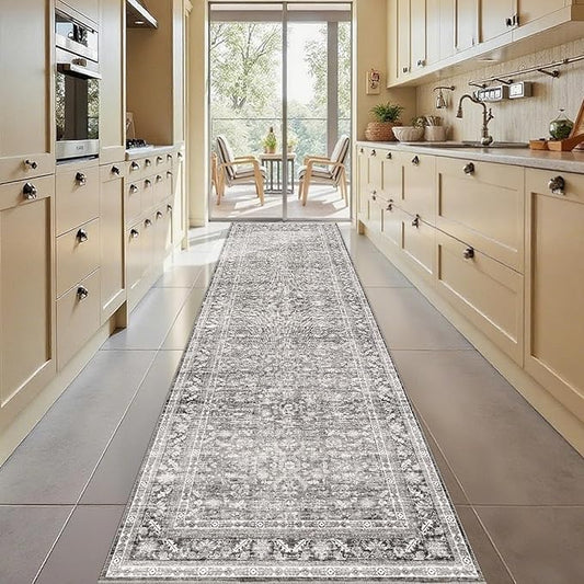 OPPODREAM Vintage Grey 3x10 Runner Rug, 3 x 10 Retro Washable Rug Non Slip, Low-Pile Faux Wool Carpet, Distressed Gray Floor Mat for Kitchen, Hallway, Entry-Way, Entrance, Indoor Back Door