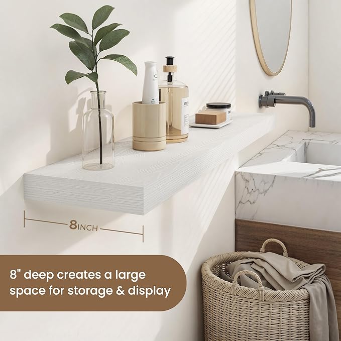 Dreamland 55 Inches Floating Shelves for Wall, 8" Deep Long Floating Shelves Set of 1, Large Display & Storage Shelf, Wall Shelf for Bathroom Bedroom Living Room Kitchen Office, White