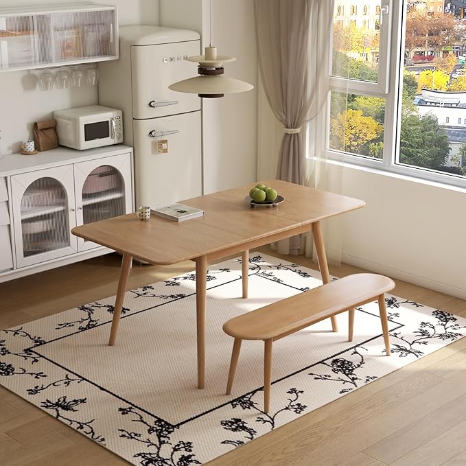 47’’-63’’ 100% Oak Extendable Dining Table and Bench Set for 2, Solid Wood Folding Kitchen Table, Mid Century Modern Dinner Table for Kitchen, Living Room, Natural (47''-63''+47''Bench)