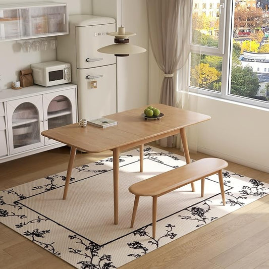 47’’-63’’ 100% Oak Extendable Dining Table and Bench Set for 2, Solid Wood Folding Kitchen Table, Mid Century Modern Dinner Table for Kitchen, Living Room, Natural (47''-63''+47''Bench)