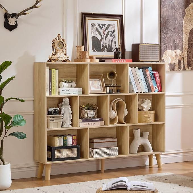 LEYAOYAO 10 Cube Bookshelf, 3 Tier Vintage 55" Wide Bookcase with Legs, Mid-Century Wood Bookshelves Storage, Light Wood Large Book Case, Freestanding Organizer Display Shelf for Living Room, Office