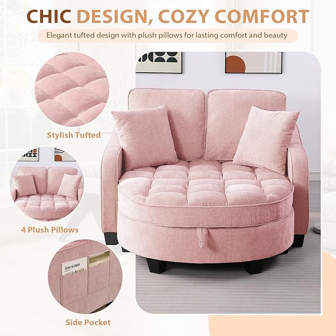 Oversized Curved Chaise Lounge Chair Indoor with Ottoman, 54.8" Cloud Boneless Reading Chair Soft Chenille Circle Couch w/Adjustable Backrest for Living Room, Apartroom, Bedroom, Pink