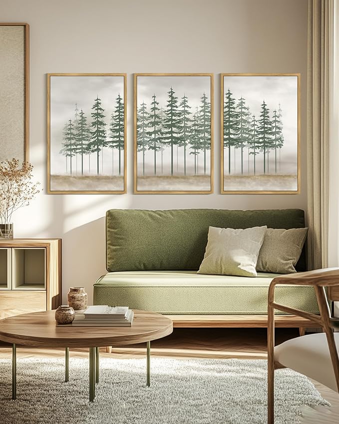 KUVIOKE Green Foggy Misty Pine Tree Framed Canvas Wall Art Watercolor Nature Abstract Forest Wall Decor Rustic Minimalist Painting for Bedroom Dining Room 24x36in (Natural Framed)