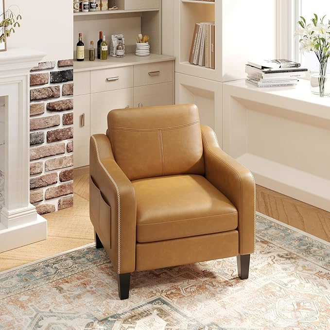 PU Leather Accent Chair, Mid-Century Modern Living Room Armchair Sofa with Removable Cushions, Solid Wood Frame & Stitched Armrest Design, Bedroom Chair with Plastic Legs, Brown