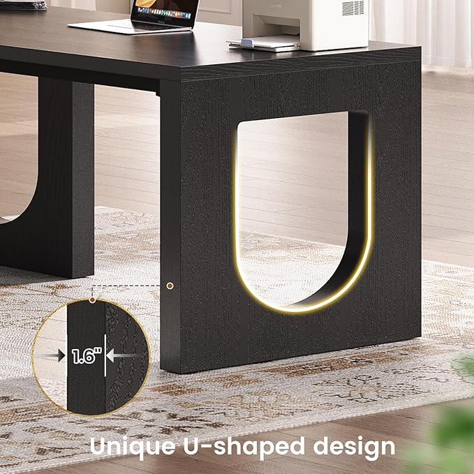 SEDETA 63" L Shaped Desk with 3 Drawers, Modern Executive Office Desk with File Drawer, Wood Corner Computer Desk with U-Shaped Legs & Relief Texture, Home Office Desk with Power Outlet, Black