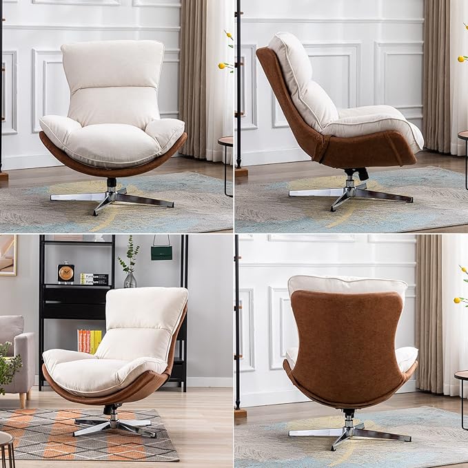 DUOMAY Swivel Accent Chair Set of 2, Modern Linen Soft Foam Lounge Chair with High Back, Comfy Rocker Chair for Living Room Bedroom Reading Room Office, Tilt & Swivel, Chrome Base, Beige