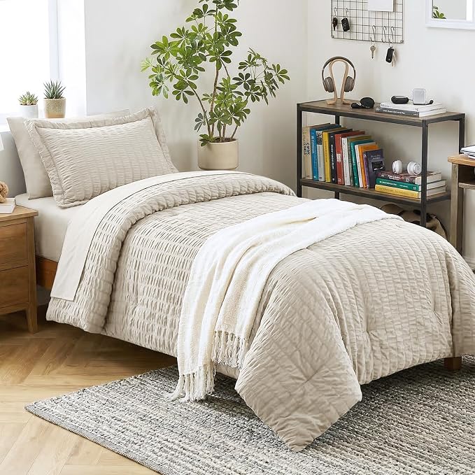 CozyLux Twin XL Comforter Set for College Dorm, 5 Pieces Beige Seersucker Twin Extra Long Bed in a Bag, Down Alternative Bedding Set with Comforter, Sheets, Pillowcase & Sham, Back to School Gift