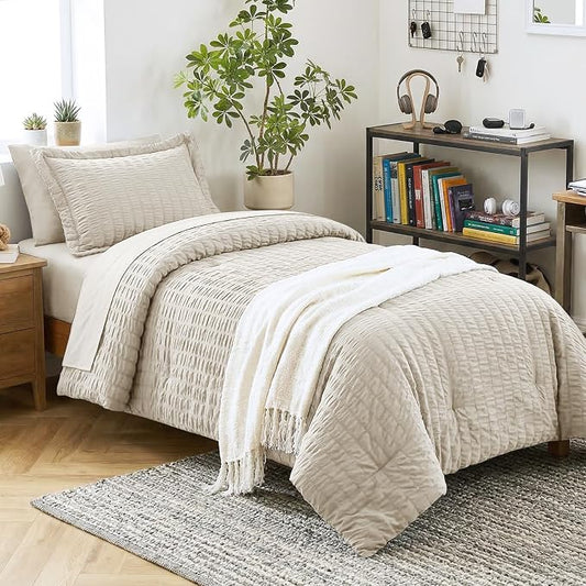 CozyLux Twin XL Comforter Set for College Dorm, 5 Pieces Beige Seersucker Twin Extra Long Bed in a Bag, Down Alternative Bedding Set with Comforter, Sheets, Pillowcase & Sham, Back to School Gift