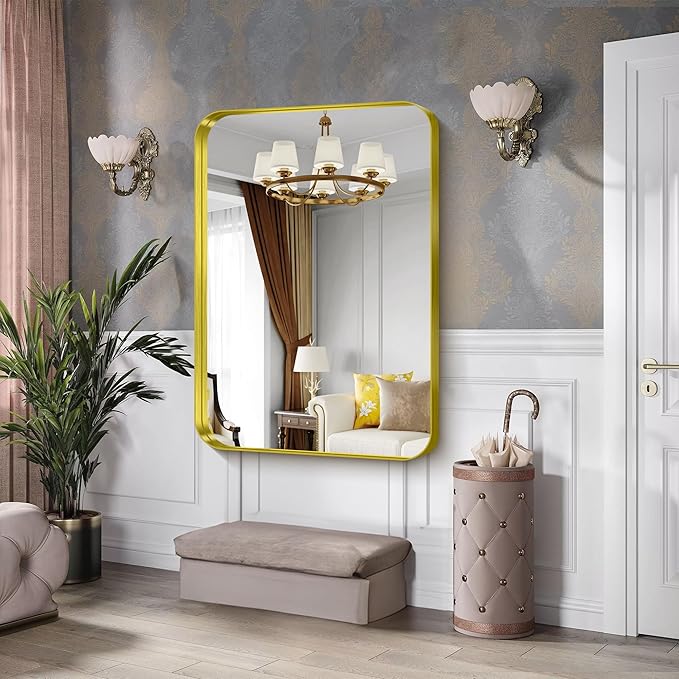 CIRCUMI Gold Bathroom Mirror, 36"x50" Rectangular Mirror with Deep Metal Frame, Rounded Corner, Tempered Glass, Large Mirror for Wall, Over 2 Sinks, Installed Vertically/Horizontally, Crystal-Clear