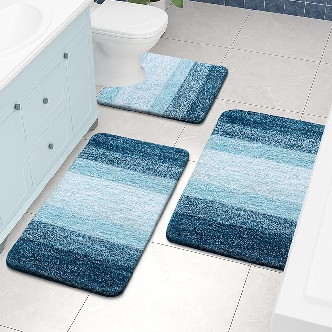 Arotive Microfiber Bathroom Rugs, Shaggy Soft and Absorbent Contour Toilet Rugs, Non-Slip, Thick Plush Machine Washable Dry Bath Mats for Toilet Base, 24x20, Peacock Blue, U-Shape