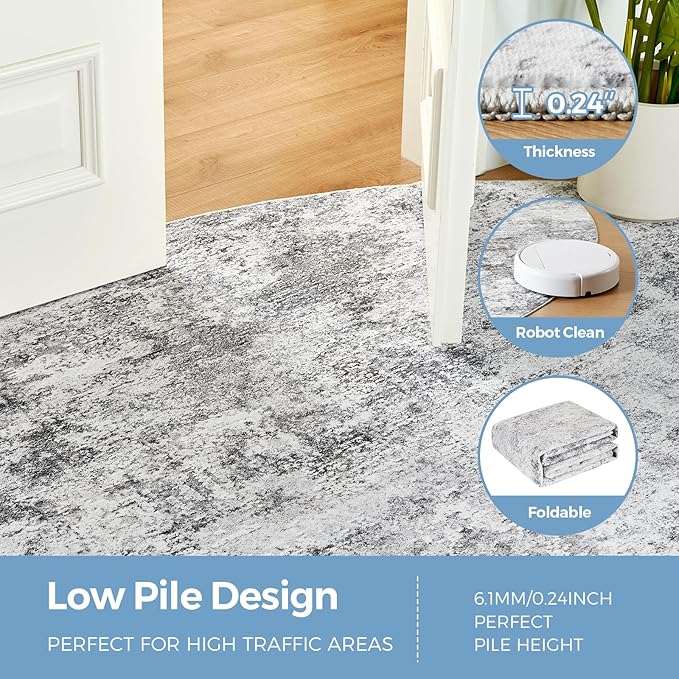 WITSHOCK 8ft Round Area Rug for Living Room: 8x8 Washable Neutral Modern Abstract Soft Thin Rug Indoor Floor No Slip Rug Carpet for Bedroom Under Dining Table Home Office Decor (Gray)