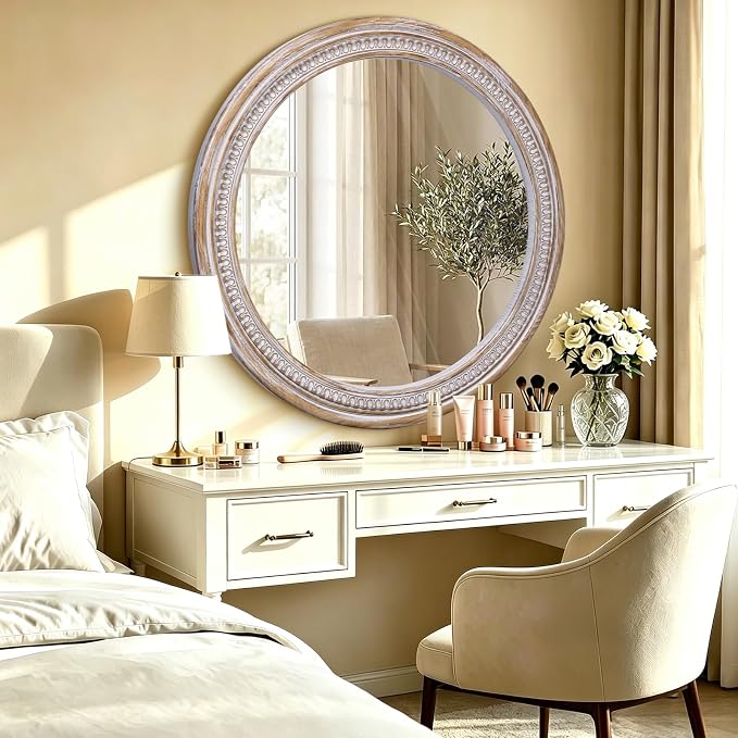 HOITUZYUS 36 Inch Rustic Farmhouse Round Mirror for Wall Decor, Boho Wooden Circle Decorative Mirrors for Bathroom Over Sink, Living Room, Entryway, Bedroom, Hallway