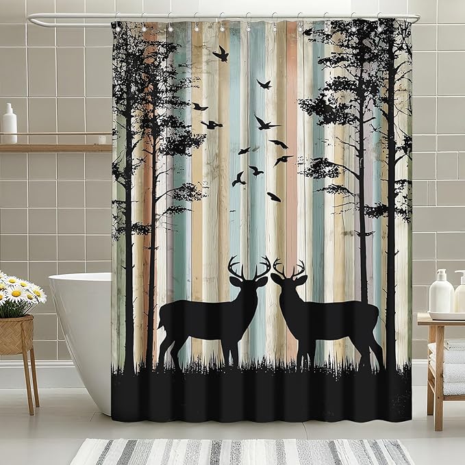 Rustic Deer Shower Curtain Farmhouse Tree Country Shower Curtains for Bathroom Waterproof Fabric Bath Curtain Decor with Hooks