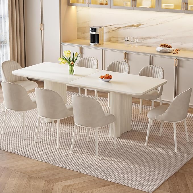 9-Piece Modern Dining Set, 78.97" Dining Table Set for 8, Rectangular Kitchen Table with 8 Chairs, White Dining Room Tables Dinner Tables for 4-8 Person