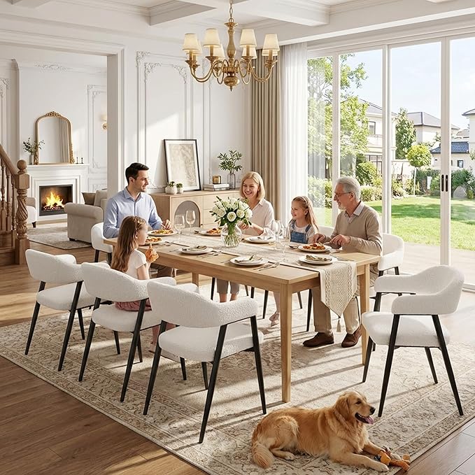 HNY Modern Dining Room Arm Chairs Set of 6, Faux Sherpa Boucle Upholstered Barrel Dining Chairs with Arms Mid-Century White Accent Chair with Metal Legs, Open-Back Kitchen Side Chair for Living Room