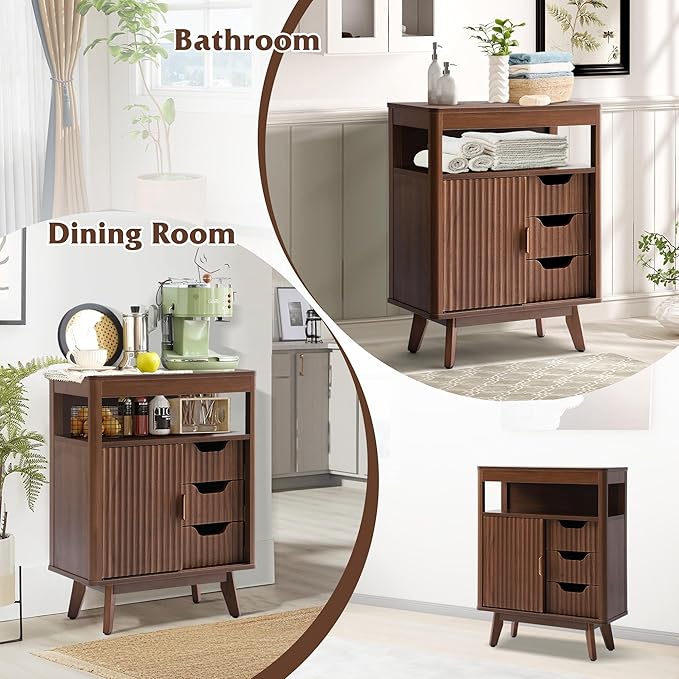 Fluted Floor Bathroom Cabinet with Sliding Door, Modern 3 Drawers Storage Organizer with Adjustable Shelf, Mid Century Bathroom Storage Cabinet with Curved Edge for Bathroom Dining Room (Brown)