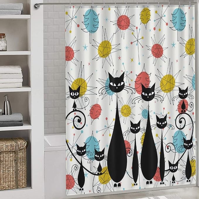 Mid Century Modern Shower Curtain,Retro 60s Abstract Atomic Cat Diamonds Geometric Bathroom Curtain Polyester Waterproof Fabric Decor 66x72in（168x183cm）
