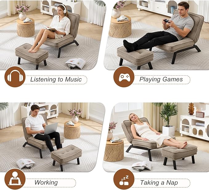 ANJ Accent Chair with Ottoman Adjustable Backrest, Khaki Living Room Chair Tufted Upholstered Lounge Chair with Footrest Set, Modern Chair Cozy Reclining Chair for Reading Room Bedroom