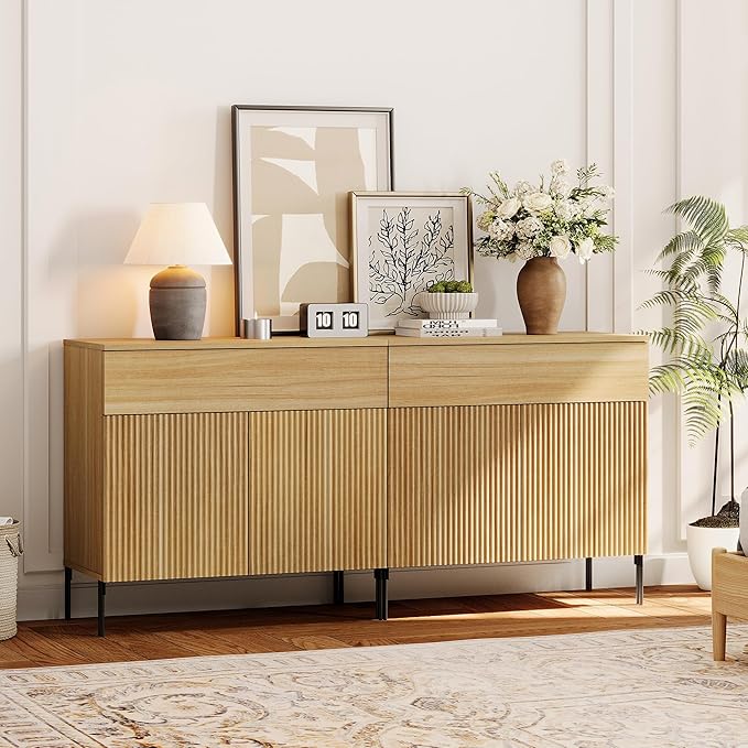 WAMPAT 63" W Large Sideboard Buffet Cabinet with Storage, 2 in 1 Fluted Sideboard Buffet with 4 Doors, Wooden Buffet Table, Coffee Bar Wine Bar Cabinet for Kitchen, Dining Room, Living Room, Oak