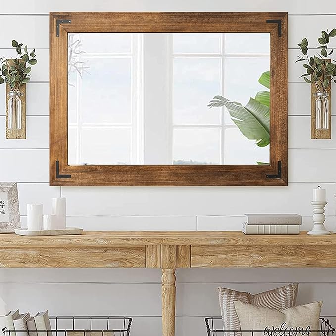 YOSHOOT Rustic Wooden Framed Wall Mirror, Natural Wood Bathroom Vanity Mirror for Farmhouse Decor, Vertical or Horizontal Hanging, 60" x 30", Brown