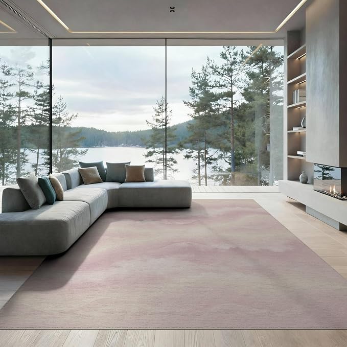 6'x9' Washable Flatwoven Rug, White Abstract Ombre Stain Resistant Large Carpet for Dining Room, Under Table, Office, Non-Slip Chair-Friendly Floor Mat | Ref:2208257