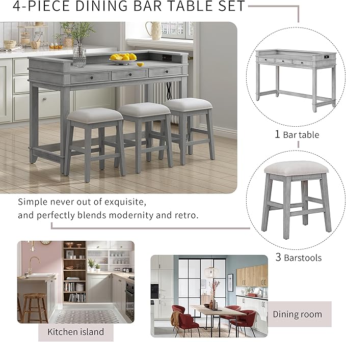 VilroCaz 4-Piece Counter Height Extra Long Dining Table Set with 3 Drawers and Upholstered Stools, Rubber Wood Dining Table Set Home Bar Set with Footrest and USB Port (Grey-B1)