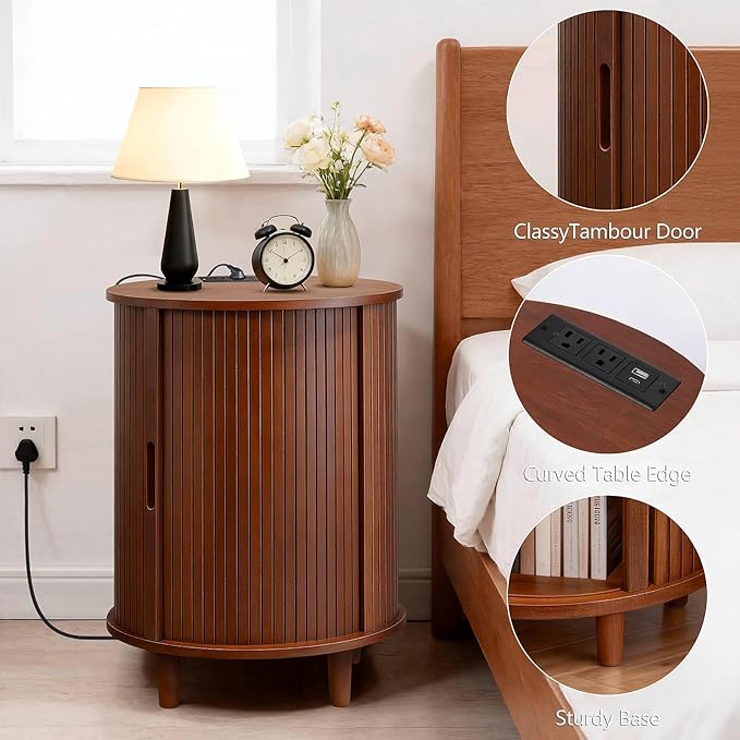 DHH End Table Set of 2 with Storage & Charging Station, Fluted Accent Side Table with Sliding Door & Adjustable Shelf, Mid-Century Nightstand for Small Spaces, Living Room, Bedroom(2, Walnut)