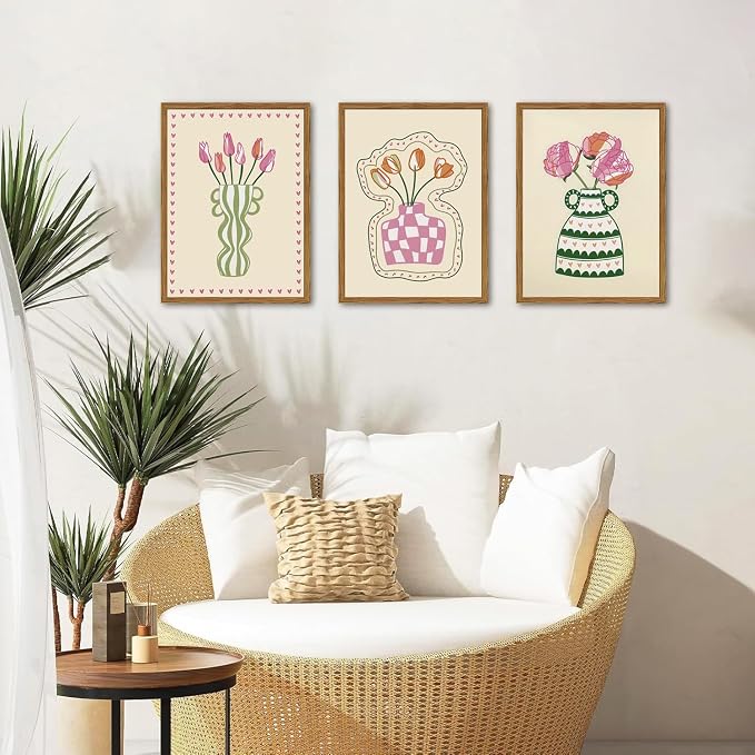 Framed Boho Floral Canvas Wall Art Set of 3, Pink Tulip Flower Paintings Wall Decor, Abstract Botanical Pictures Prints Minimalist Home Decor Aesthetic for Living Room Bedroom Office 12×16 inch
