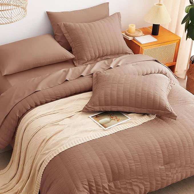 CozyLux Full Size Comforter Sets Mocha Mousse, 7 Pieces Seersucker Textured Luxury Bed in a Bag, All Seasons Soft Bedding Sets with Down Alternative Comforter, Sheets, Pillowcases & Shams, Home Gift