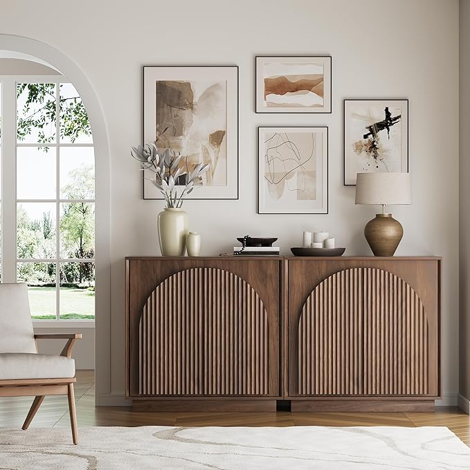 win2win Fluted Sideboard Buffet Cabinet with Storage, 31.5" Mid Century Modern Accent Cabinet with Double-Layered Arch Door, Small Wood Console Credenza for Dining Living Room Entryway, Walnut, 3PCS
