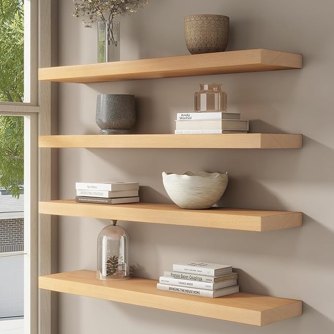 Floating Shelves for Wall, USA-Sourced Beech Wood 24 Inch Wall Shelves Set of 2, Natural Wooden Mounted Picture Ledge Shelf, Nursery Book Storage Shelf Kids Bookshelf Display, Shelf for Bathroom