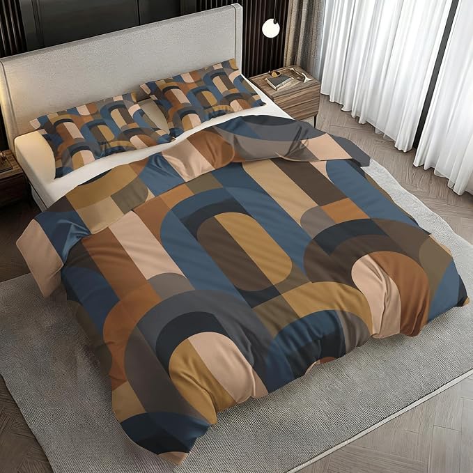 Mid Century Modern Duvet Cover Oversized King Size, Retro Geometric Bedding Set 3 pcs with 2 Pillow Covers, Abstract Boho Bedroom Decor, Soft Microfiber Reversible, Zipper & Ties KJJT 109