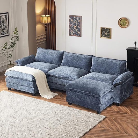 VINGLI 122" Cloud Navy Blue Convertible Sectional Sofa, Comfy U-Shape Extra Deep Seat Sofa Couch for Living Room,Modern Chenille 3-Seat Convertible Sofa with 2 Movable Ottomans for Small Space