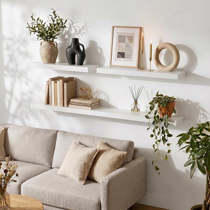 fuqing White Floating Shelves | 24 Inch Wood Floating Shelves for Wall Set of 2 | 24" W x 6.7" D x 1.4" H Rustic White Wooden Shelves for Bathroom Living Room Bedroom Kitchen