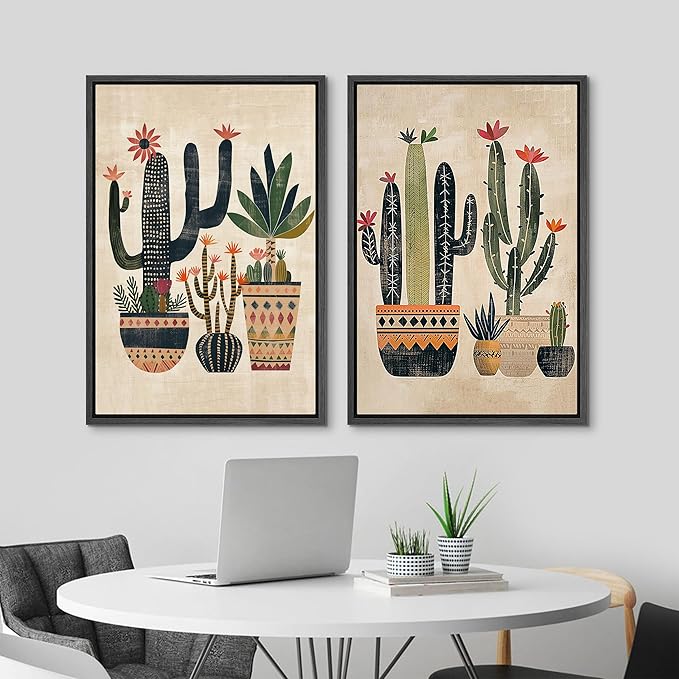 MUDECOR Framed Canvas Print Wall Art Set Mexican Cactus Tropical Botanical llustrations Modern Art Decorative Bohemian Calm/Zen for Living Room, Bedroom, Office - 16"x24"x2 Black