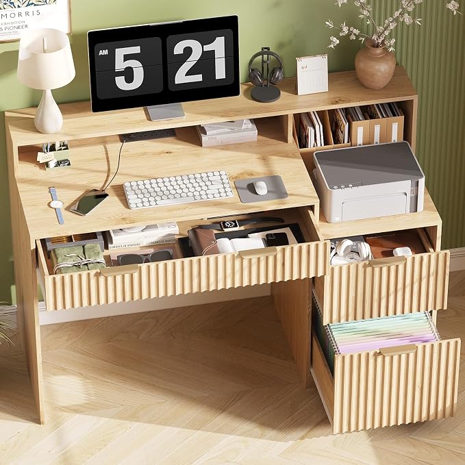 Vabches Fluted Computer Desk with Power Outlets, Home Office Desk with Drawers, Printer Stand, Wood Computer Desk with Long Monitor Stand, Oak