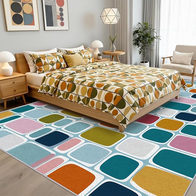 Mid Century Rug 5x7 70s Retro Groovy Pop Plaid Pattern Area Rugs for Living Room, Bedroom, Mid Century Home Decor Accessories Indoor Carpet, Non Slip & Machine Washable, GD0677